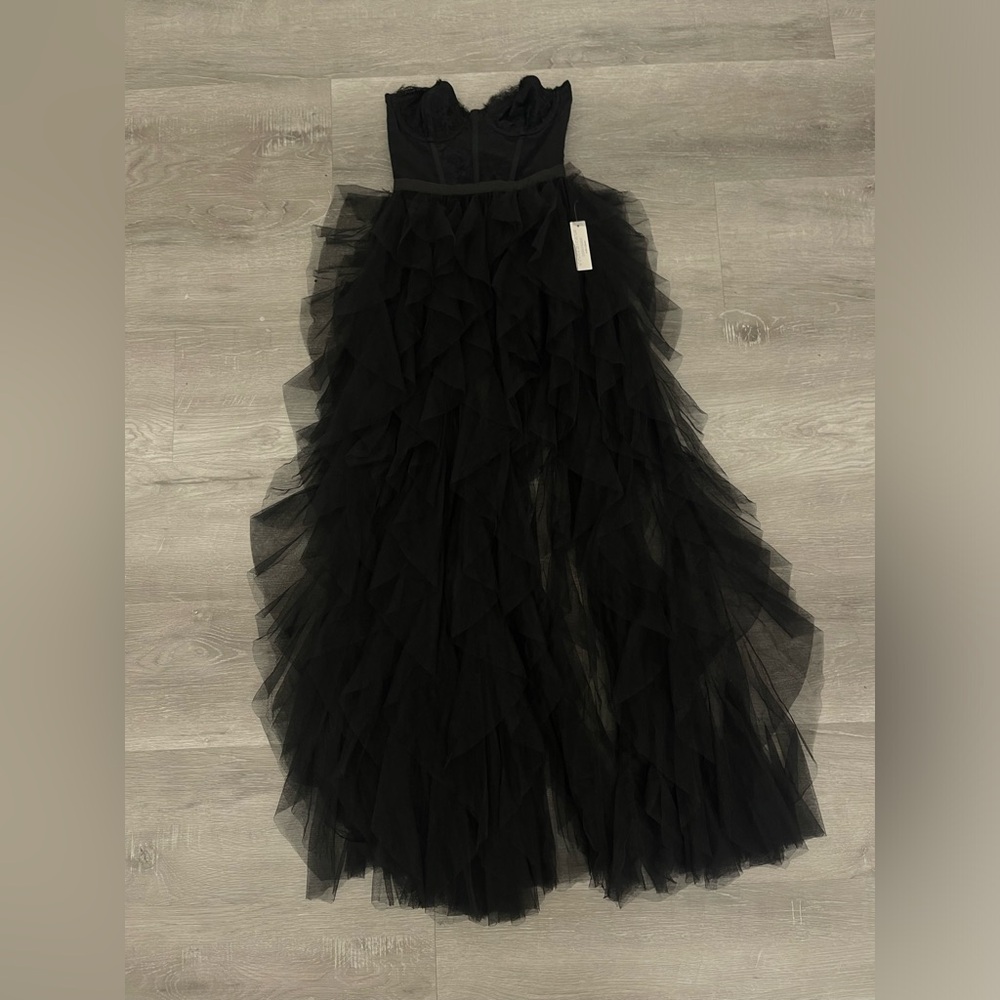 NWT For Love and Lemons  X REVOLVE Bustier Black Strapless Ruffled Tulle Gown